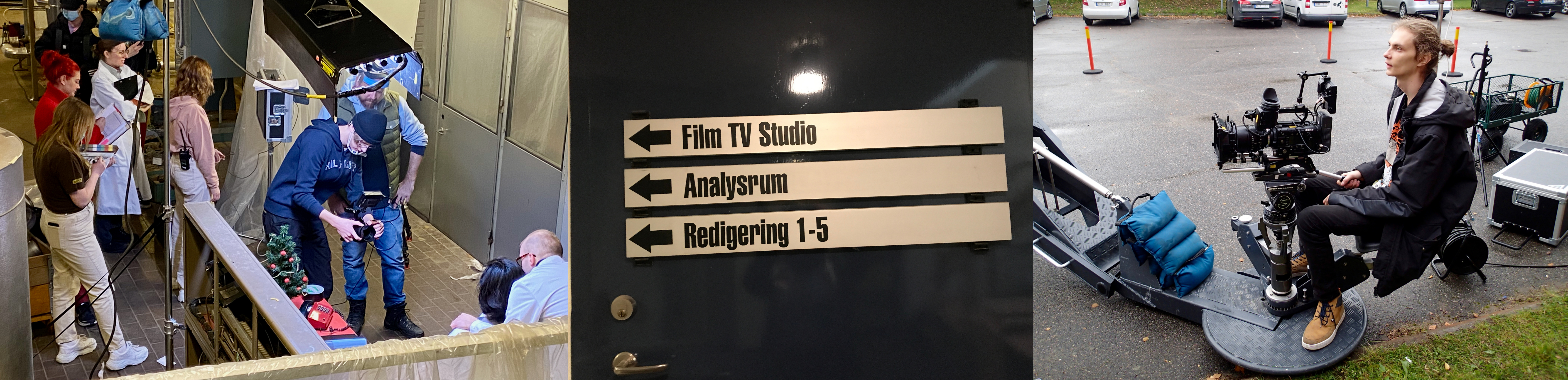 Kollage en filminspelning, en dörr med skyltar till TV-studio, analysrum och redigeringsrum, en kameraman.